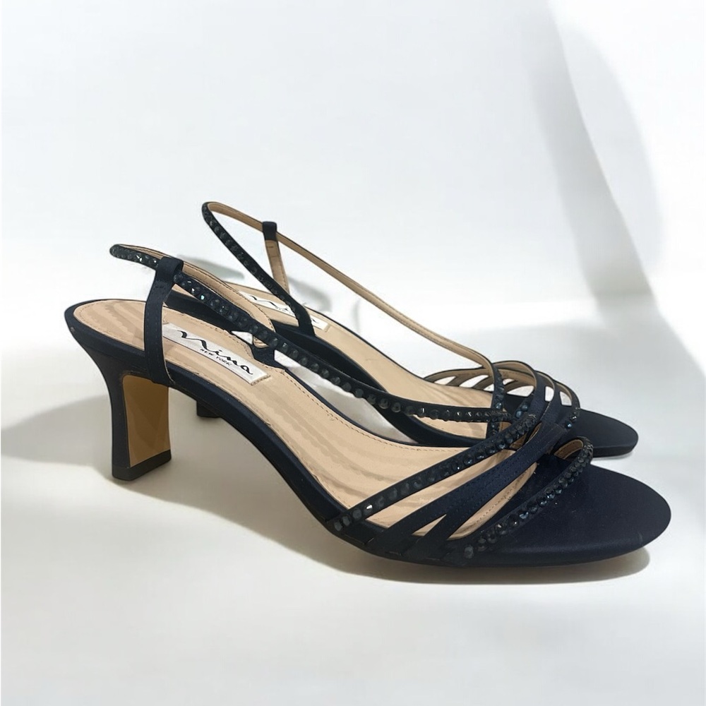 Navy blue leather heeled sandals with rhinestone straps